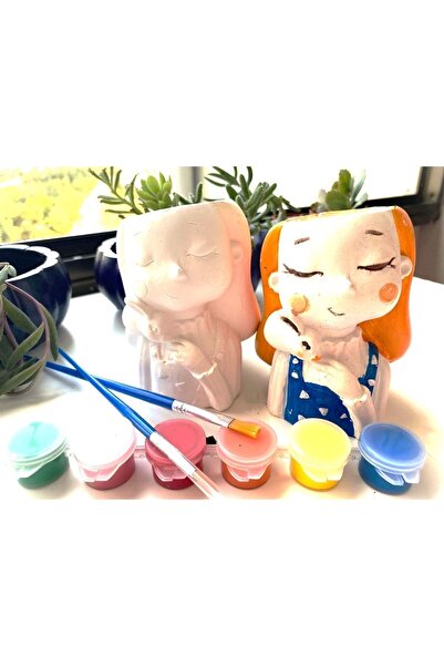 tasarımhikayecisi 2 Adet Kız Sukulent Saksı Taş Boyama Seti-okul Aile Etkinli...