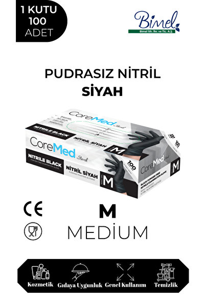 COREMED Nitril Siyah Pudrasız Muayene Eldiveni M - 1 Paket 100 lü