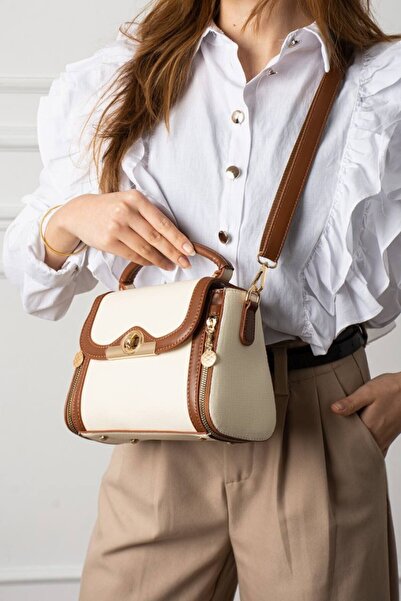 Classbag Kapaklı Fermuar Süslemeli Bej-Taba Renk Kaliteli Çok Bölmeli Kadın E...