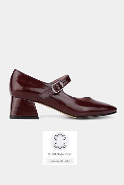 TUNAELLİ KADIN BORDO RUGAN HAKİKİ DERİ 33-34-35-41-42-43 NUMARA ORTA TOPUKLU MARY JANE BANTLI AYAKKABI