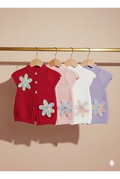 Nimini Kids New Season Flower Detailed Buttoned Knitwear Thessaloniki Knitted Baby Girl Children's Vest (0-8 Years)