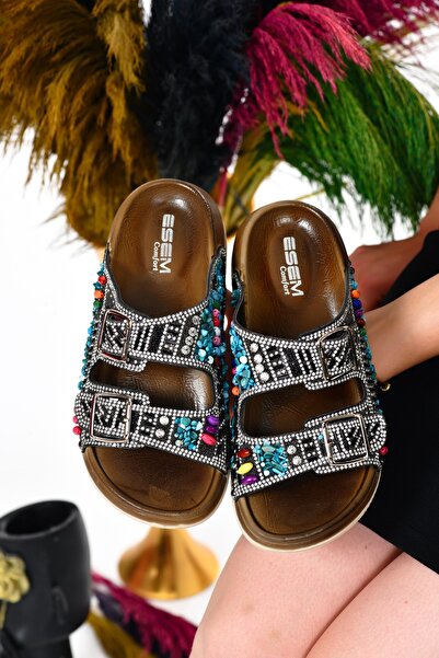 Esem Papuci de damă cu cataramă dublă cu detalii în piatră - cu margele colorate