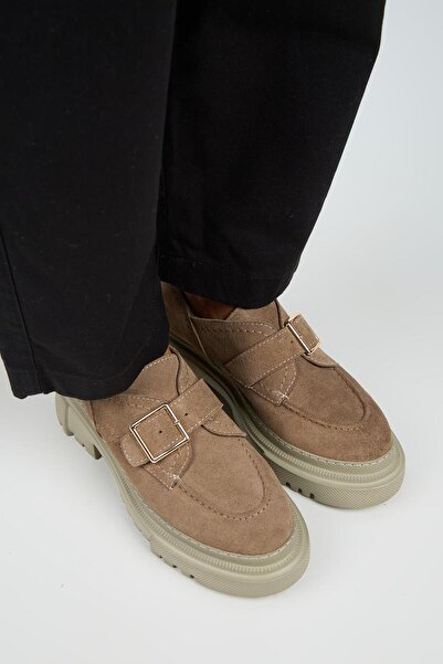 Manijero Gloria Women's Genuine Leather Loafer Belted Buckle Mink Suede Shoes