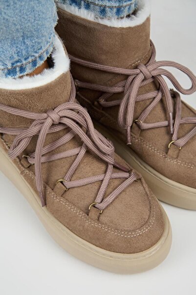 Manijero Haven Kadın Hakiki Deri Bağcıklı Içi Kürklü Vizon Bot