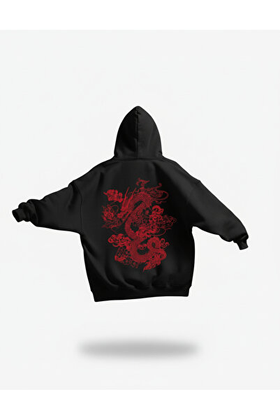Arwen Fashion Japanese dragon back printed black oversized hooded sweatshirt ...