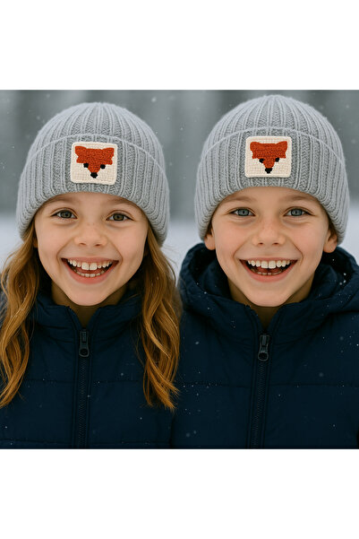 byebruketenci Dečija siva Vuna kapa sa detaljnim motivom lisice