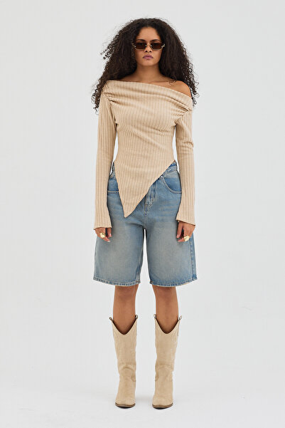 Eco Sense Kadın Tek Omuz Açık Uzun Kol, Asimetrik Esnek Kumaş Bluz - Bej