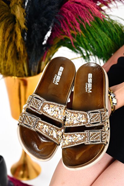 Esem Taş Detaylı Çift Tokalı Kadın Terlik-Renkli Boncuklu