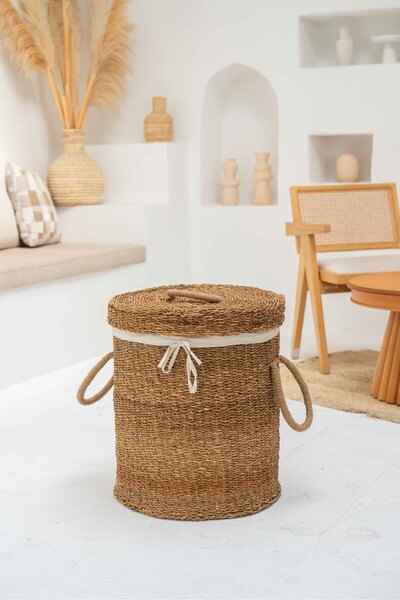 KaiHome Hasır Kapaklı Ve Kulplu Orta Boy Çamaşır Sepeti/düzenleyici Naturel