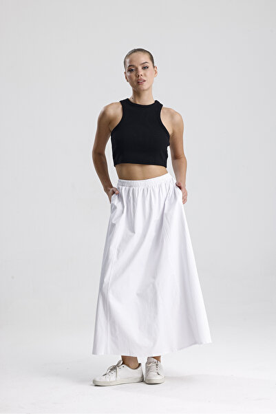 Gülmude Hijab Skirt Long Double Pocket Poplin Fabric Elastic Waist No Show Skirt Unlined (90 cm)