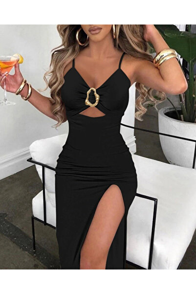 ARONA Women's Rope Strap Buckle Detailed Slit Janjan Crepe Dress