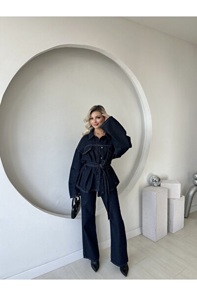 Nsade ENSADE Set de pantaloni și jachetă din denim elegant cu centură pentru ...