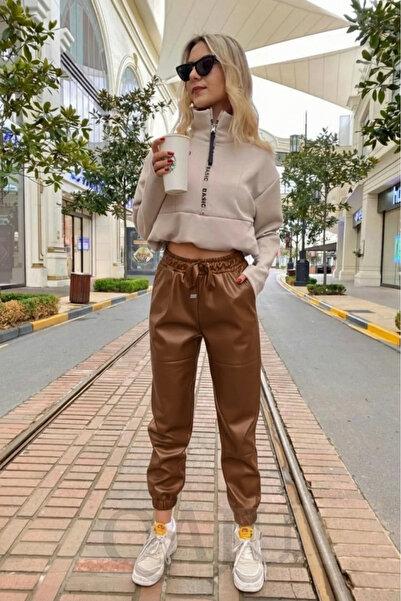 Qaju Δερμάτινο παντελόνι με κορδόνι στη μέση και λεπτομέρεια ραφής στο γόνατο