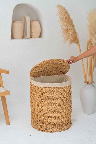 KaiHome Hasır Su Sümbülü Büyük Boy Kapaklı D Model Açık Renk Çamaşır Sepeti D...