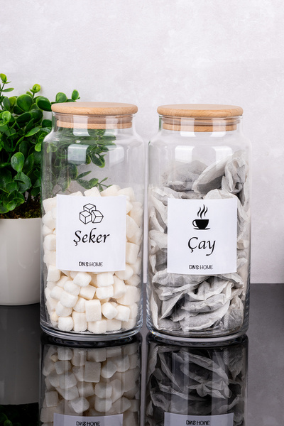 DNS HOME 2-Piece Wooden Vacuum Lid Labeled Tea Sugar Storage Container Glass Jar 1300 ml