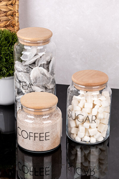 DNS HOME 3-Piece Wooden Vacuum Lid Glass Jar Set Transparent Labelled Storage Container 1300 Ml-800 Ml-500 ml