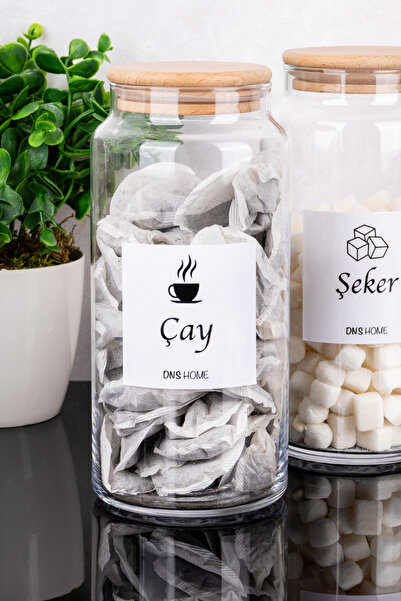 DNS HOME 2-Piece Wooden Vacuum Lid Labeled Tea Sugar Storage Container Glass Jar 1300 ml