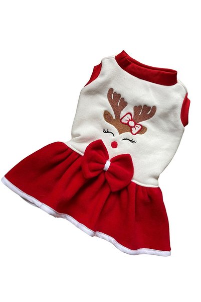 Barneystore Cat Dog Christmas Special Embroidery Christmas Fleece Dress