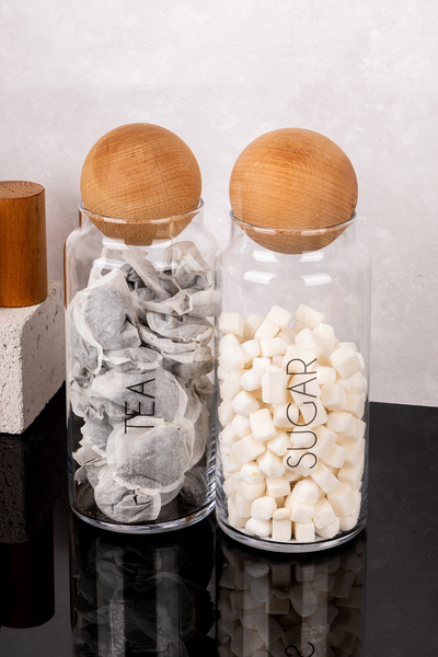 DNS HOME Set of 2 Glass Jars with Wooden Ball Lids Transparent Labeled Tea Sugar Storage Container 1300 ml
