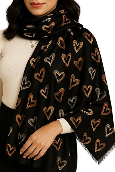 Hayalet Gilded Heart Patterned Shawl Soft Textured Elegant Women's Shawl 80X180 cm