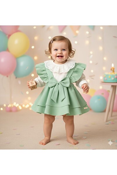Serackids Kız Bebek Fiyonklu %100 Pamuk Şık Jile Etek Elbise Dantelli Çıtçıtl...