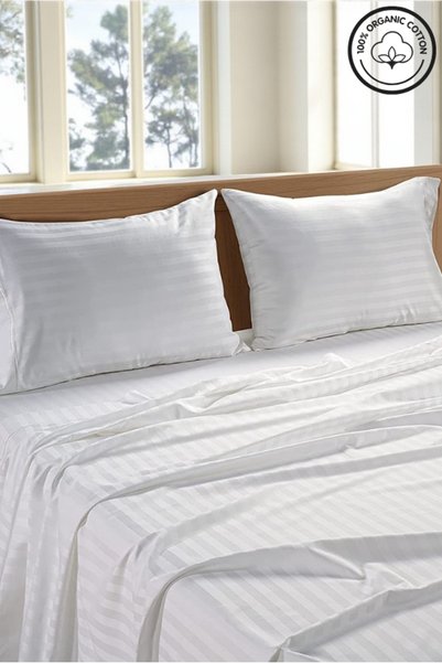 VESSİNOHOME Striped Cotton Satin Double Duvet Cover Set with Elastic Sheets Hotel White Color Micro Luxury