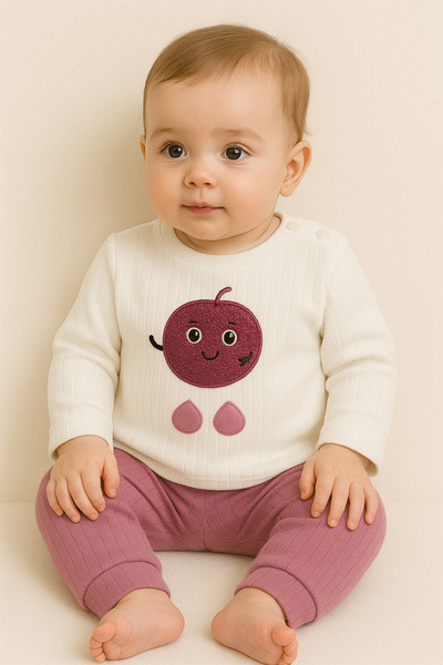 NAFİTTO Kız Bebek İkili Takım – Sevimli Desenli Sweatshirt ve Pembe Alt, Organik Pamuklu Rahat Günlük Set