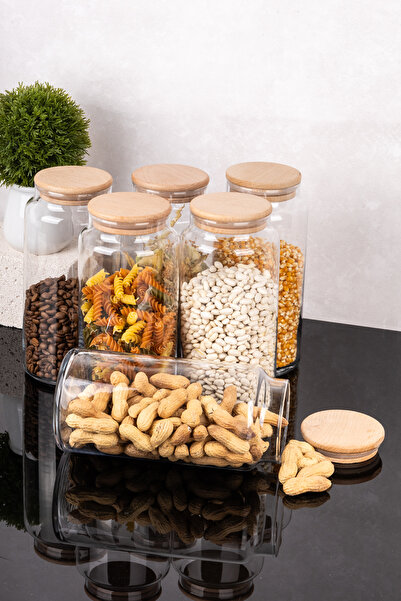 DNS HOME 6-Piece Glass Jar Set with Vacuum Lid Large Size Food Pulses Set 1300 ml