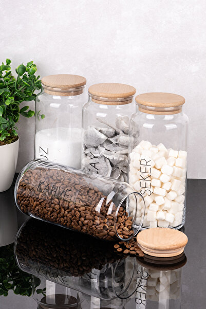 DNS HOME 4-Piece Wooden Vacuum Lid Glass Jar Tea Sugar Coffee Salt Storage Container with Label 1300 ml