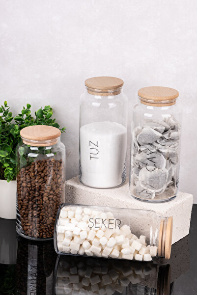 DNS HOME 4-Piece Wooden Vacuum Lid Glass Jar Tea Sugar Coffee Salt Storage Container with Label 1300 ml