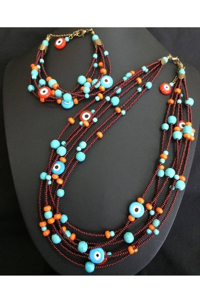 Birtakı'm Şeyler Otantik sıkma turkuaz taşlı nazar boncuklu el yapımı kolye bileklik
