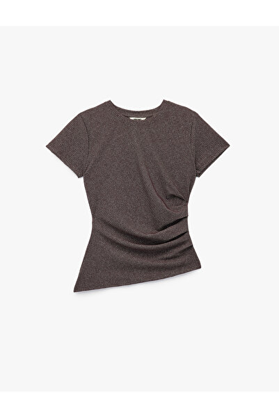 Koton Drape Detailed Short Sleeve Crew Neck Asymmetrical Cut Glitter T-Shirt