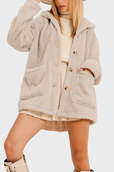 MILANOFOX Γυναικείο πέτρινο βελούδινο μπουφάν με διπλή τσέπη με κουμπιά σε όλη την μήκος