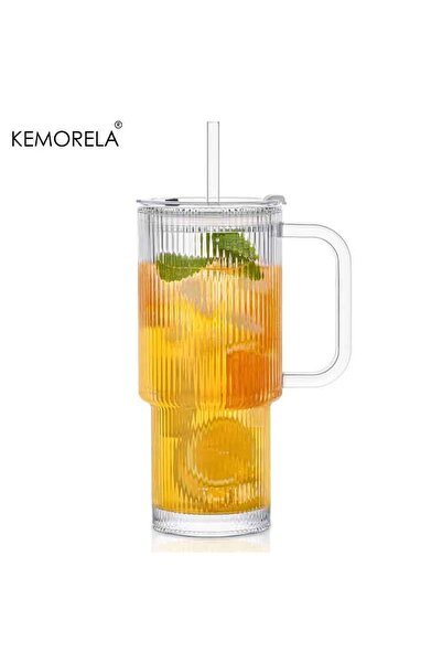 Choice 760 مل 1 قطعة 760 مل كوب زجاجي مضلع مع غطاء بمقبض 1/2 قطعة أكواب قهوة مثلجة كبيرة مع مصاصات وضع