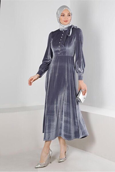 Alvina Etek Ucu Volanlı Kadife Elbise 43437