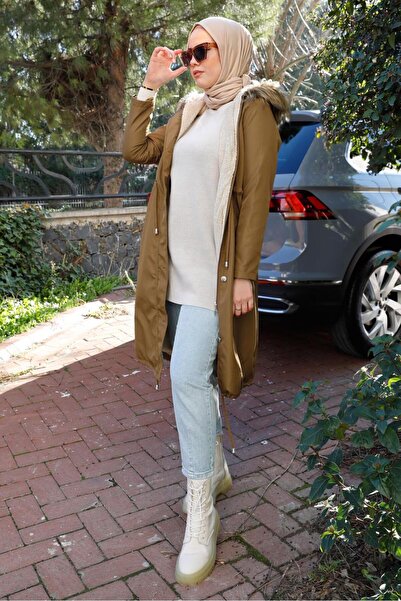 TRENDTESETTÜR Women's Brown (camel) Drawstring Waist Hooded Coat 5021-1