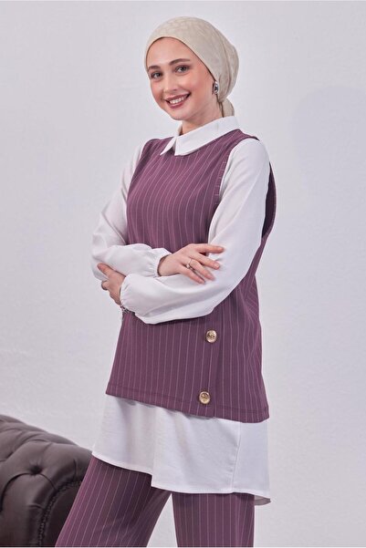 TRENDTESETTÜR Ροζ αποξηραμένο τριαντάφυλλο ριγέ κοστούμι με τρία γιλέκα - T 5443