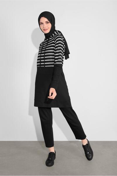 TRENDTESETTÜR Women's Black (BLACK-CREAM) Hooded Striped Tracksuit Suit 1055