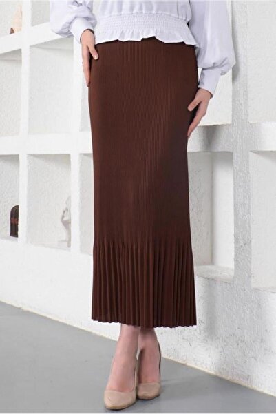 TRENDTESETTÜR Women's Brown Elastic Waist Pleated Skirt T 502