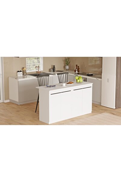Yurudesign Orren Ada Mutfak Yemek Masası 4 Kapaklı 160cm Beyaz OR1-W