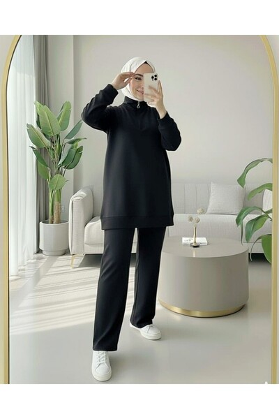 Modamorfo Half Zipper High Neck Combed Cotton Suit - Black