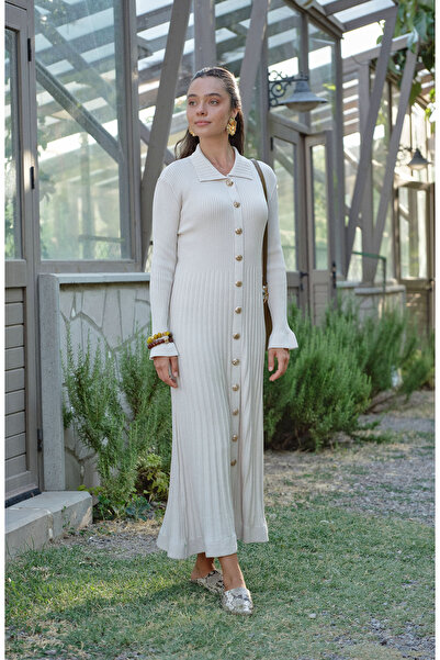 Fatma Atasoy Gold Düğmeli Ekru Fitilli Merserize Triko Elbise