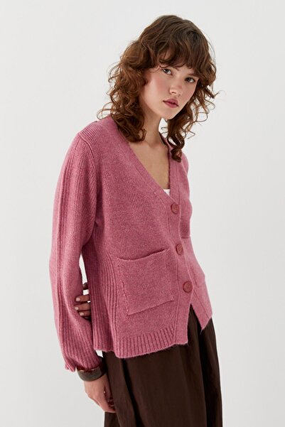 MARKALİSTE Pocket Detailed V-Neck Knitwear Cardigan Pink