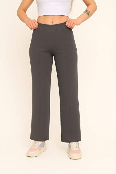 ASTRAC بنطلون نسائي عالي الخصر واسع الساقين ذو خطوط أمامية مضلعة بلون رمادي داكن (جديد)