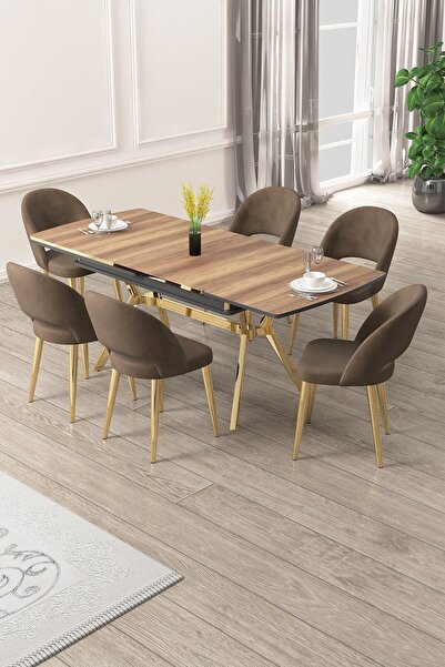 Canisa Weps Serisi 89x150 Açılabilir Lak Panel Hazar Masa Takımı 6 Kahve Sandalye