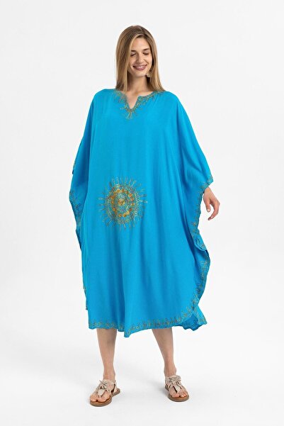 Deriderim Тюркоазена бродирана дълга памучна лятна рокля кафтан - ръкави тип „прилеп“