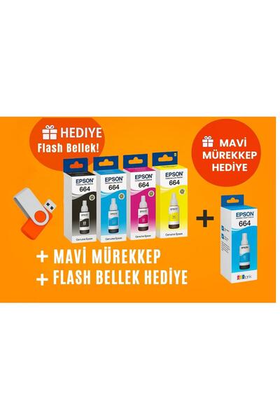 EPSON T664 Ecotank L3050 Orjinal Mürekkep Seti + 1 Mavi Hediye 14u1676 Uyumlu