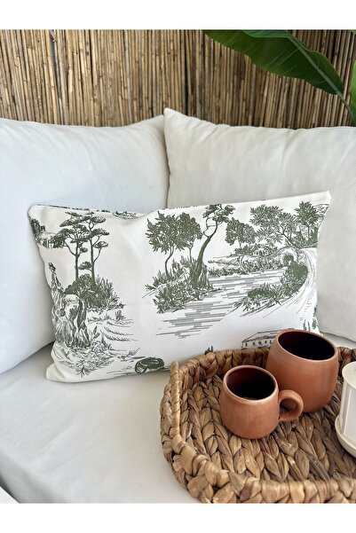 Decamor home Vintage Patterned Ecru Green Throw Pillow Cover 1 Piece