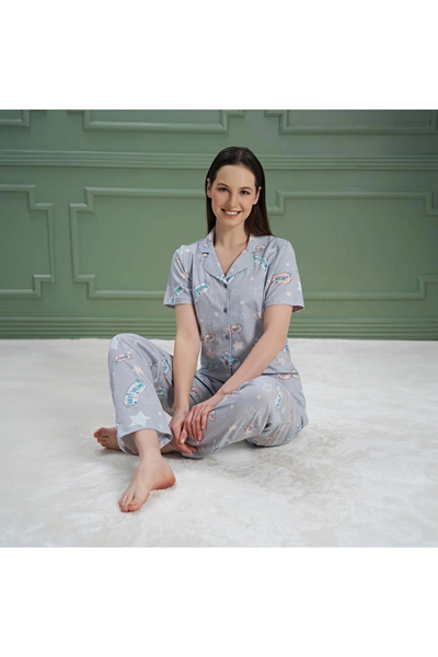 Over Sleep by Poleren Over Sleep 976 Kadın Kısa Kol Önden Düğme Pijama Takım