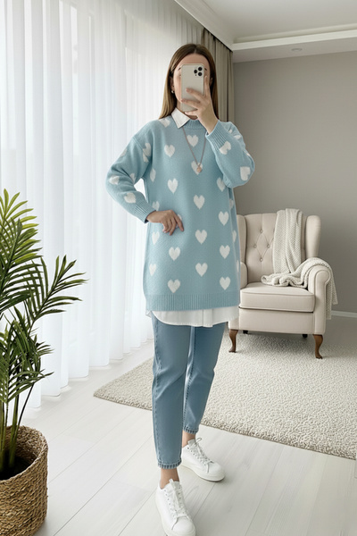 MODAQU Pulover moale cu model de inimă - albastru gheață